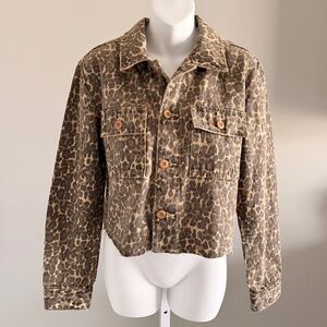 AMO Chic Carly Crop Animal Print Raw Hem Denim Jacket Sz S NEW $250!!